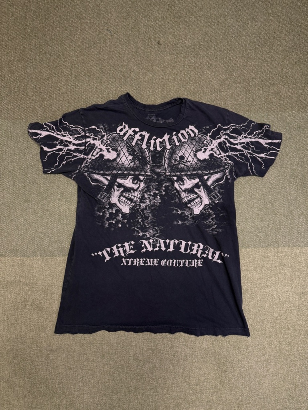 Affliction Black Tee with Light Gray Skull Lightning Graphic